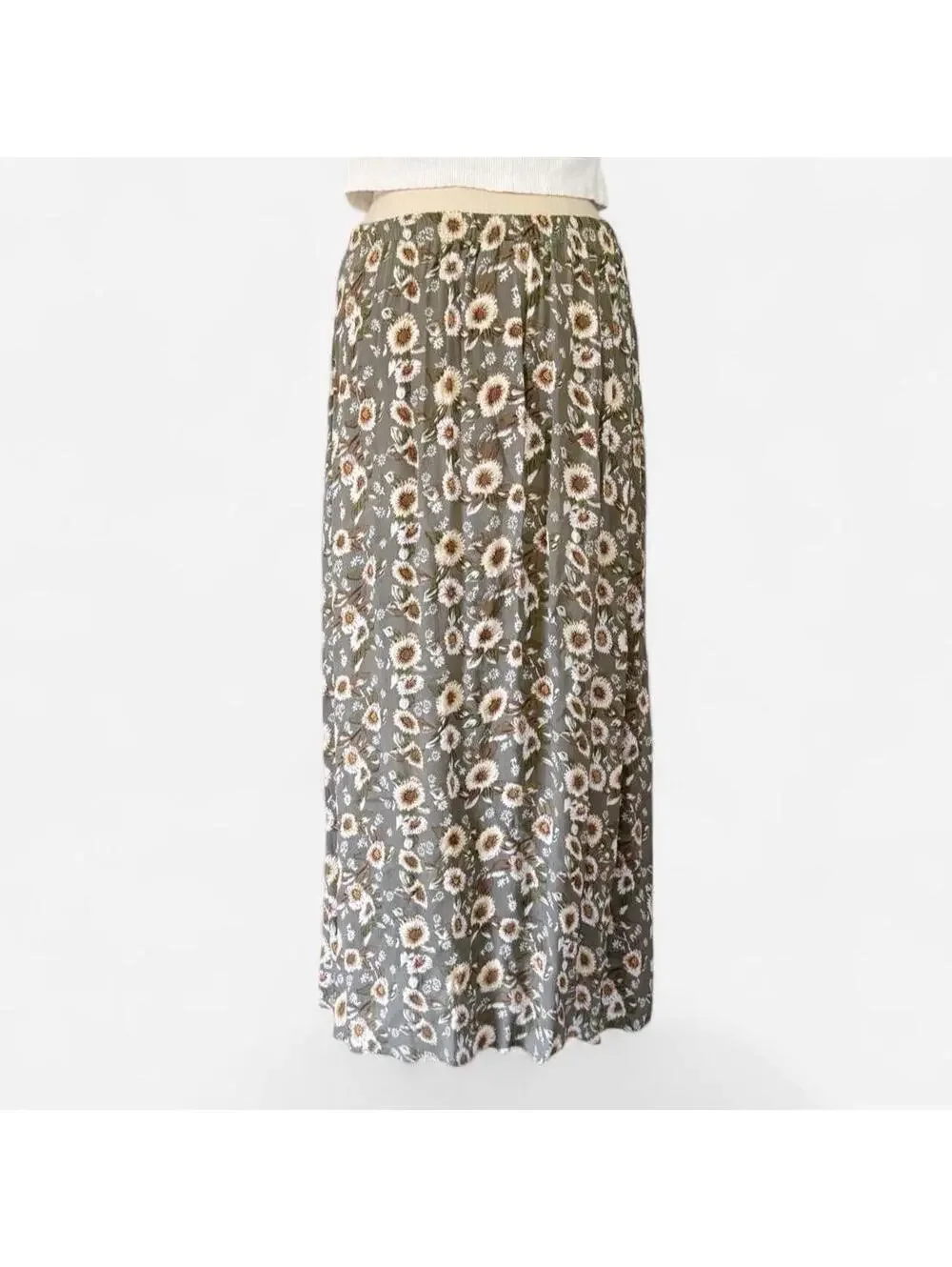 Vtg 90s Fashion Spy Olive Sage Sunflower Floral Maxi Skirt Size S Boho Indie